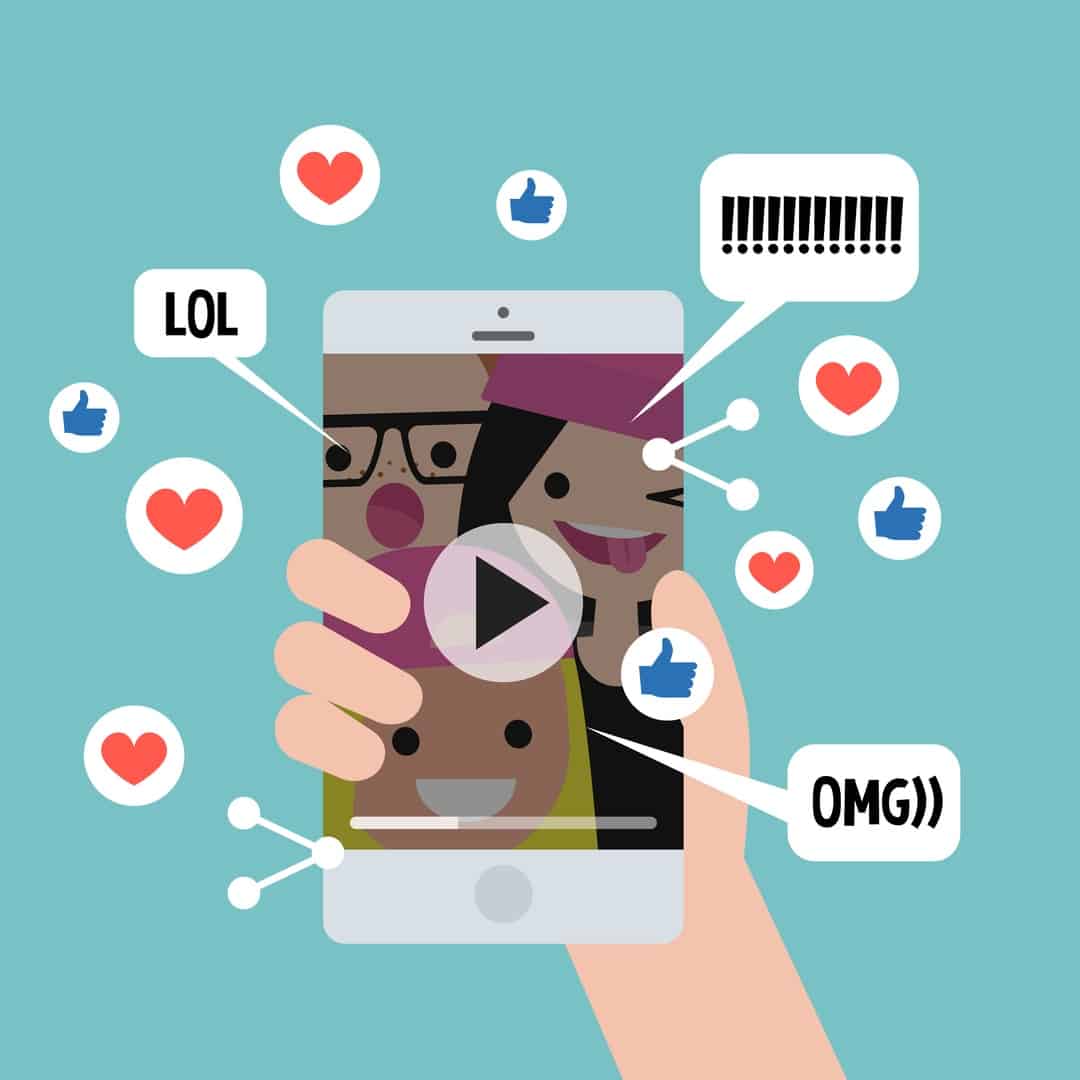 Viral content conceptual illustration. Likes, shares and comments popping up on the mobile screen. Video content for millennials. Flat editable vector illustration, clip art