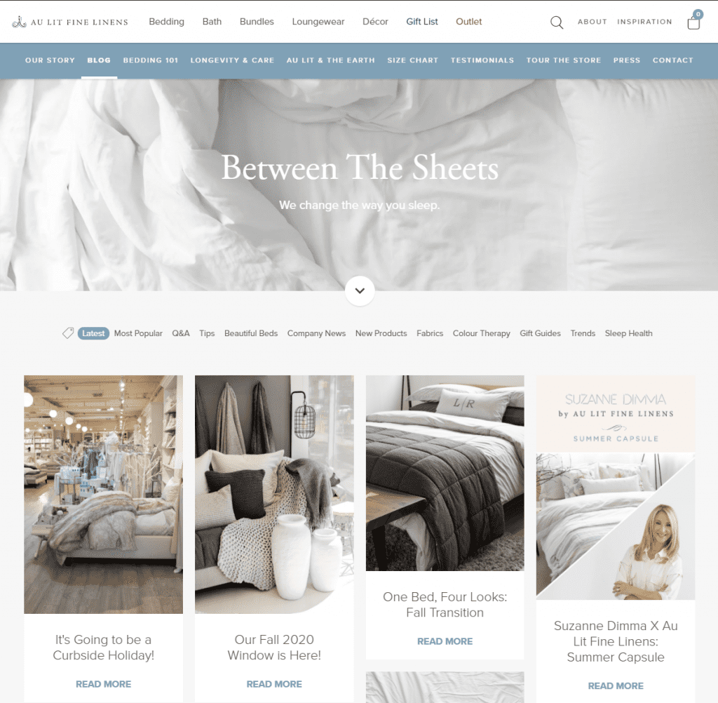 Au Lit Fine Linens Shopify blog example