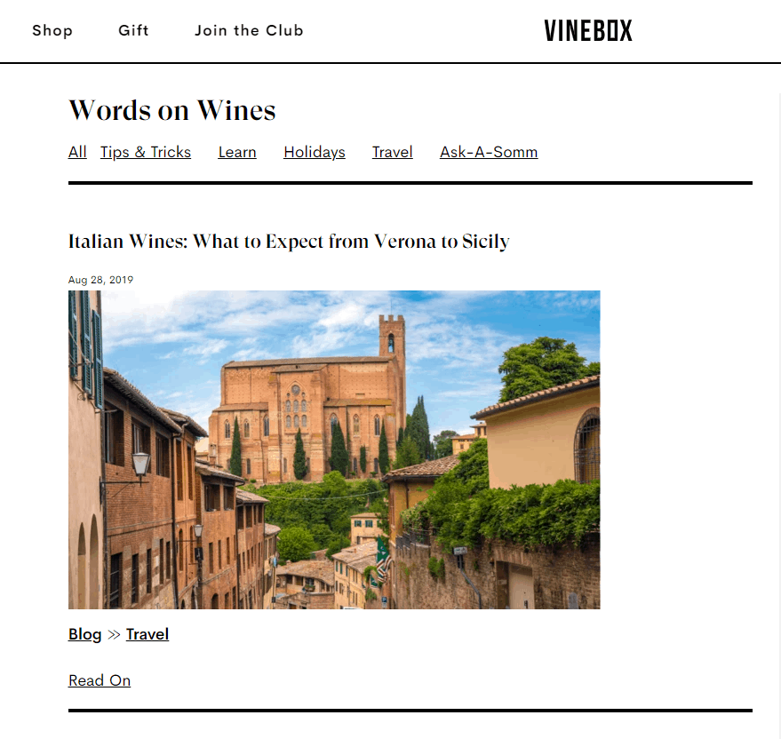 VineBox Shopify blog example